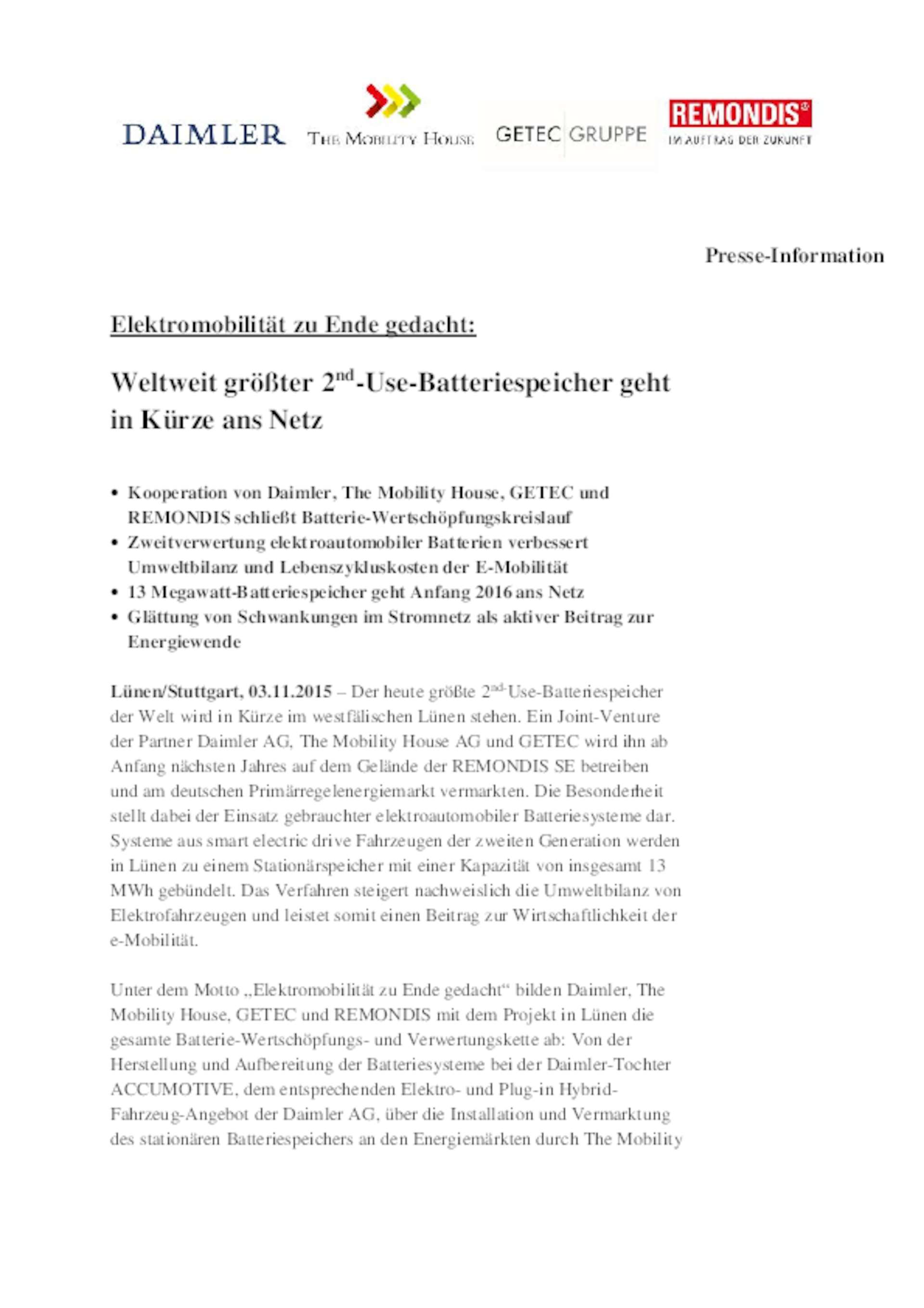 Gemeinsame Presseinformation GETEC, Daimler, REMONDIS und TMH