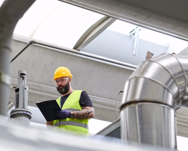 Safety worker beside metal pipes indoors - Rozzano District Heating - GETEC